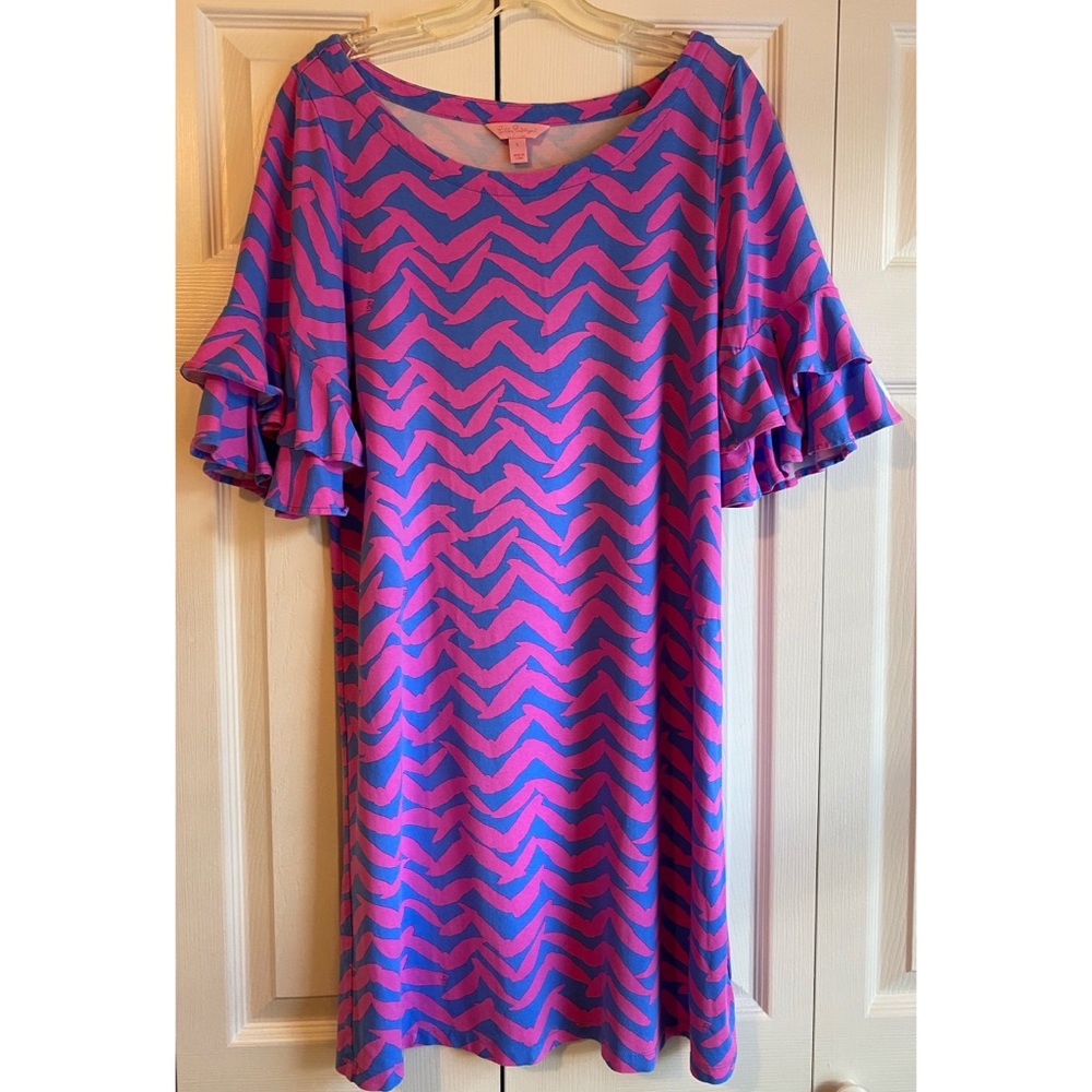 Lilly Pulitzer Lula Dress Bennet Blue Pop Up I Got Lucky Pink Size L no flaws